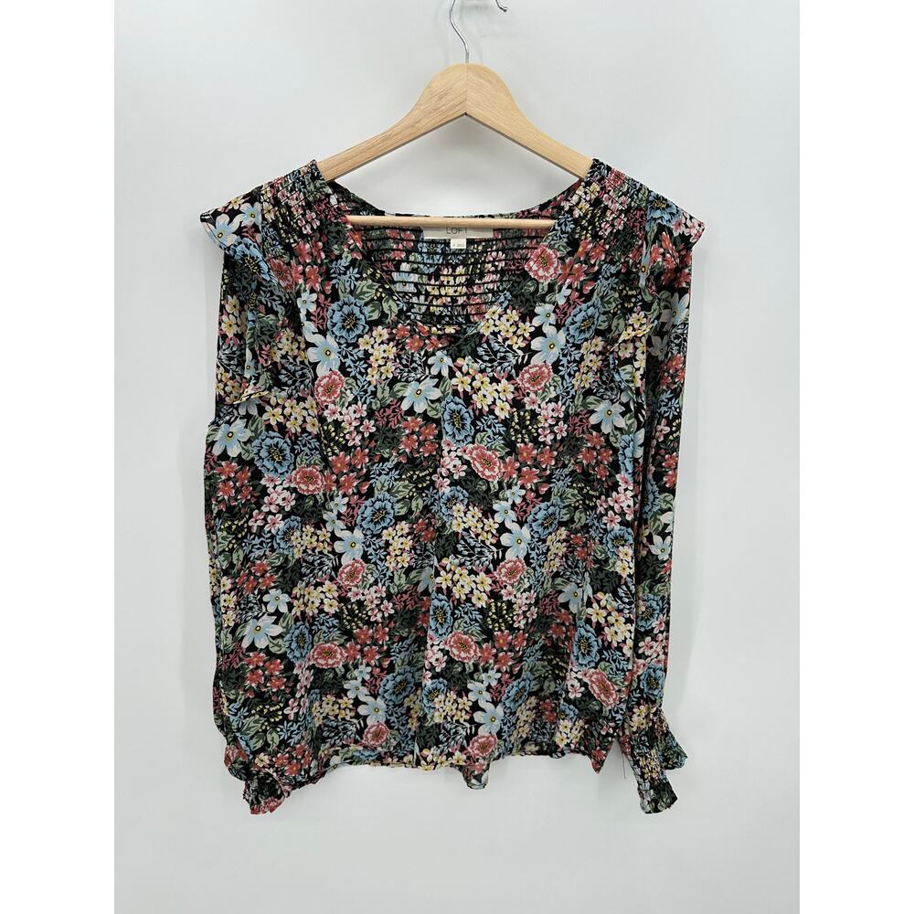 Loft Women Black Floral Ruffle Smocked V-Neck Blouse Sheer Long‎ Sleeve Medium